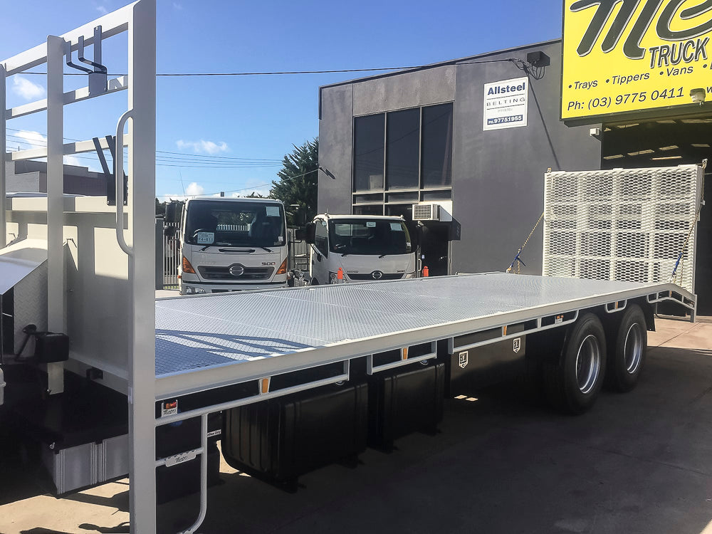 Metro Truck Body Builders standard Beavertail Truck Body with full piece bi-fold rap. Truck Body Builders Melbourne.