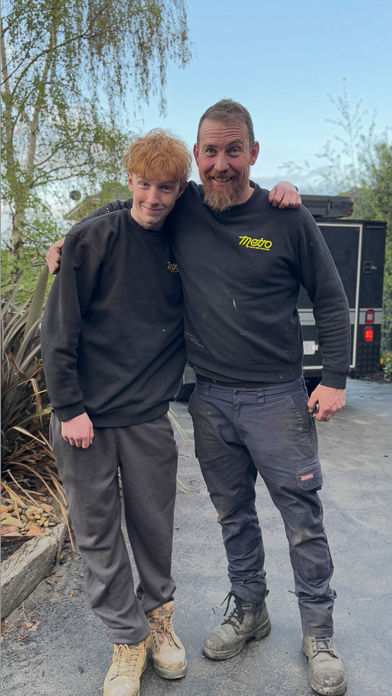 Scott from Metro Truck Body Builders with his son Boe on his first day of work.