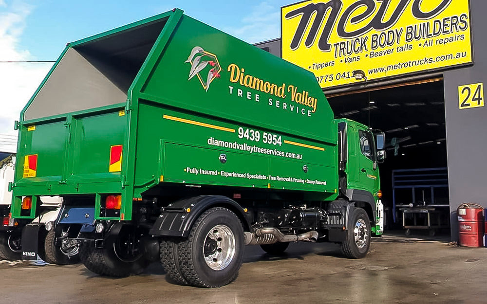 Chipper Tipper with side toolboxes for storage made by Metro Truck Body Builders Victoria for arborists all over Melbourne