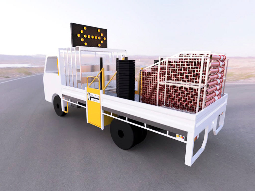 3D design of a custom traffic control truck body with sign racks, equipment storage and arrow board, planned by Metro Truck Body Builders Melbourne.