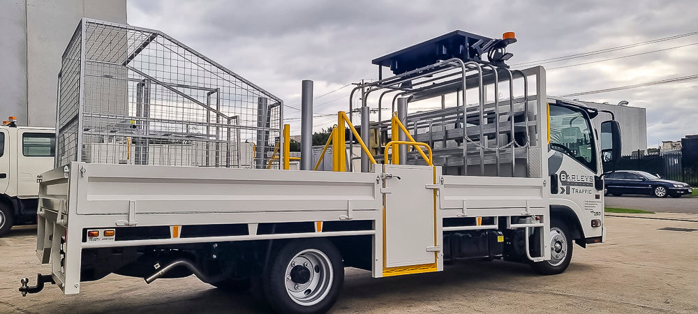 Traffic management truck bollard cage and equipment storage detail